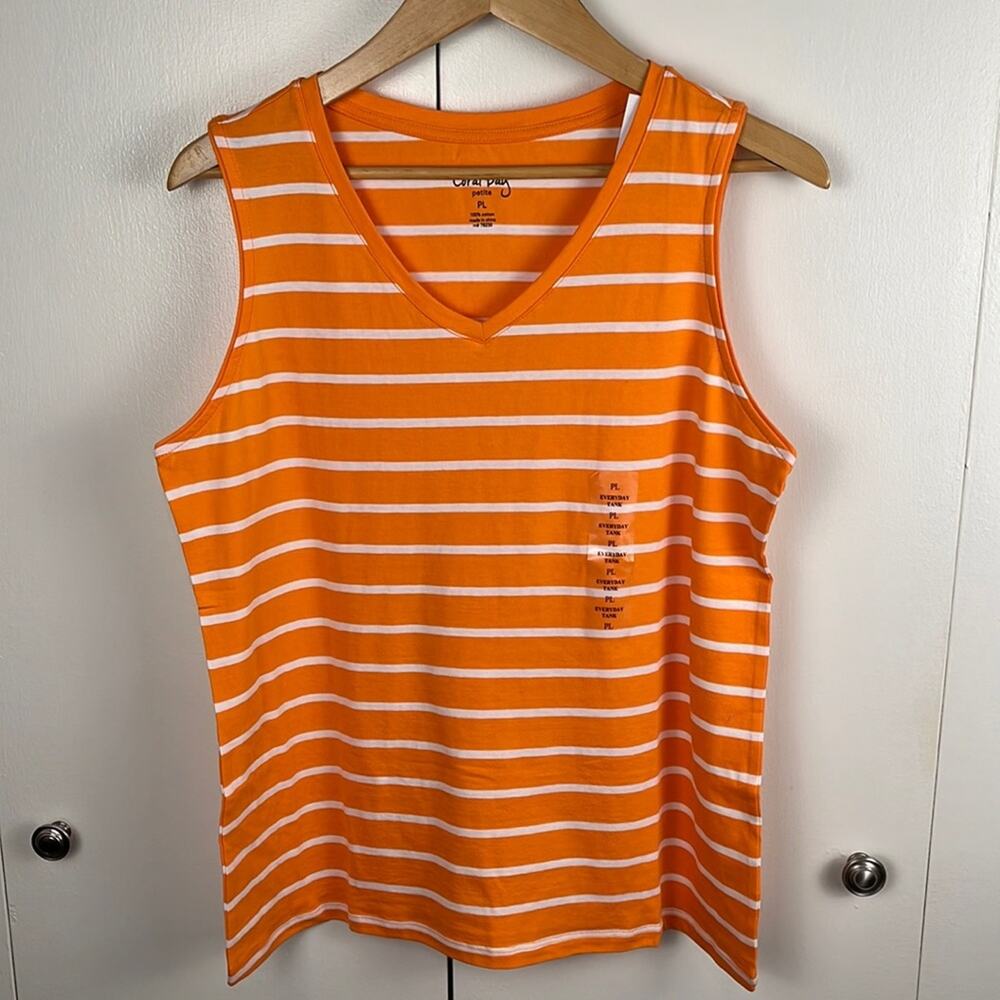 Coral Bay Sleeveless T Shirt Orange White Stripe Petite Large 100% Cotton